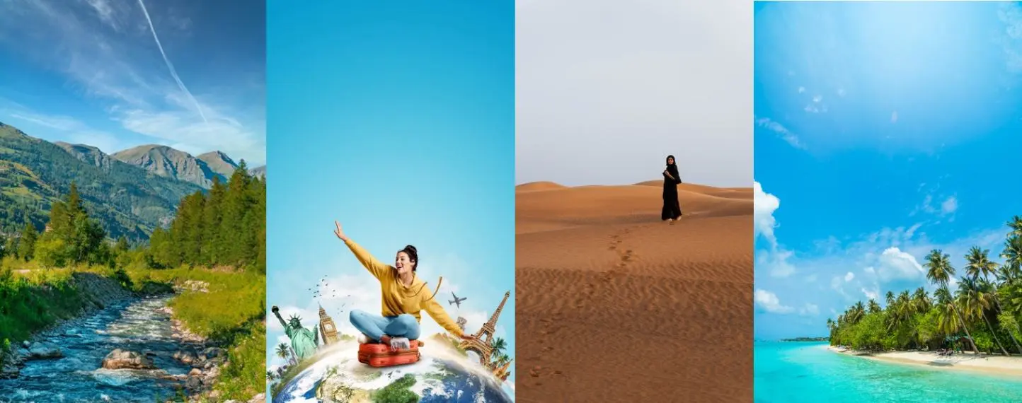 a collage of a woman standing on top of a hill and sand